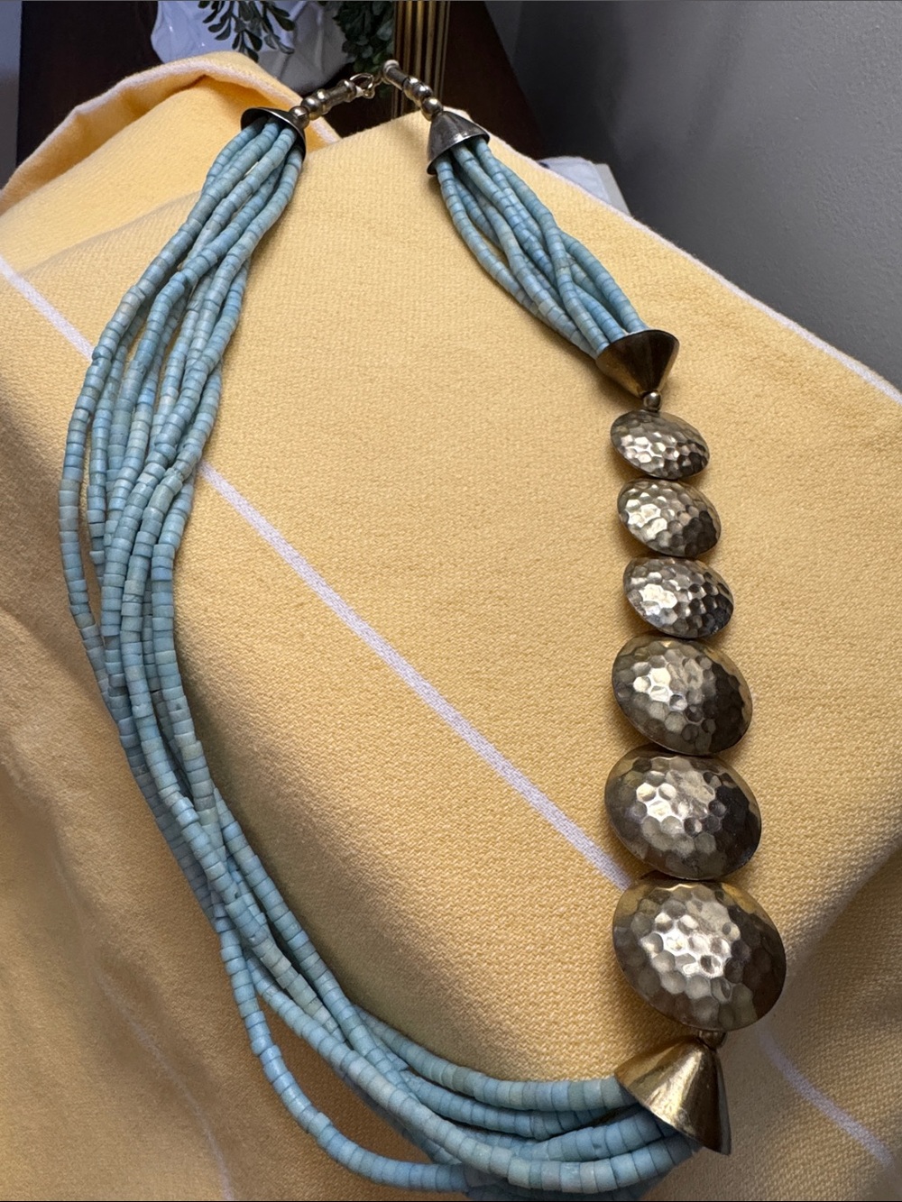 Handcrafted Turquoise Beaded Necklace with Hammered Gold Discs - Picture 4 of 4